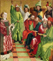 Der heilige Stephan vor den Richtern, vom Altarbild des heiligen Stephanus, um 1470